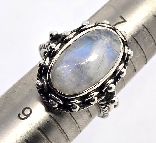 Flashy Blue Moonstone tribal Bali Balinese thick vintage sterling silver ring size 8