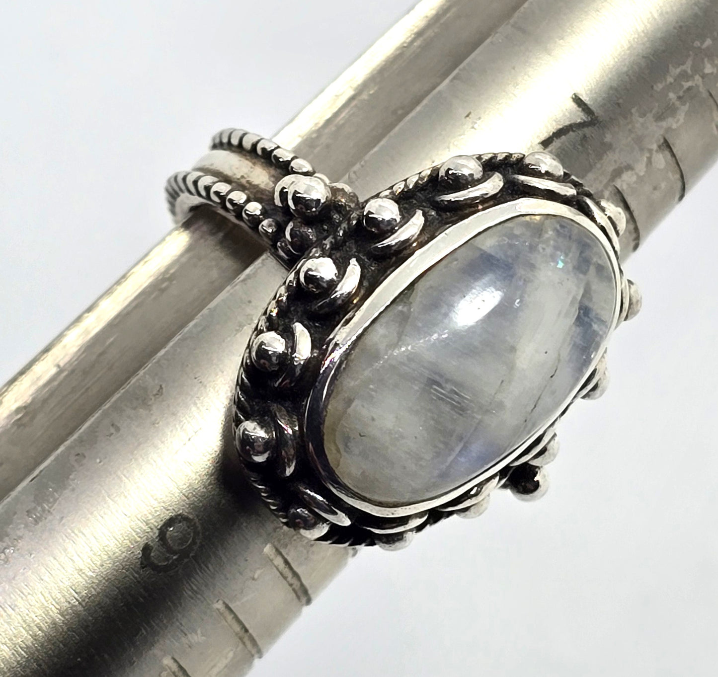 Flashy Blue Moonstone tribal Bali Balinese thick vintage sterling silver ring size 8