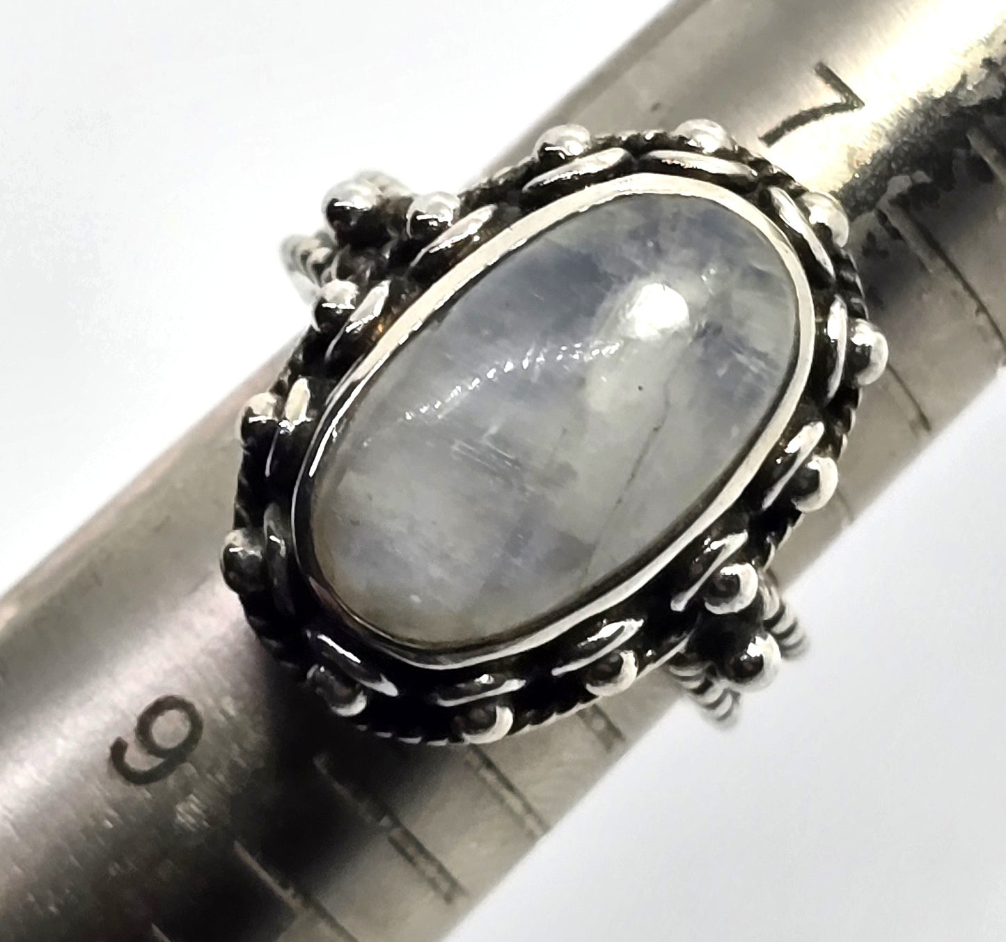 Flashy Blue Moonstone tribal Bali Balinese thick vintage sterling silver ring size 8