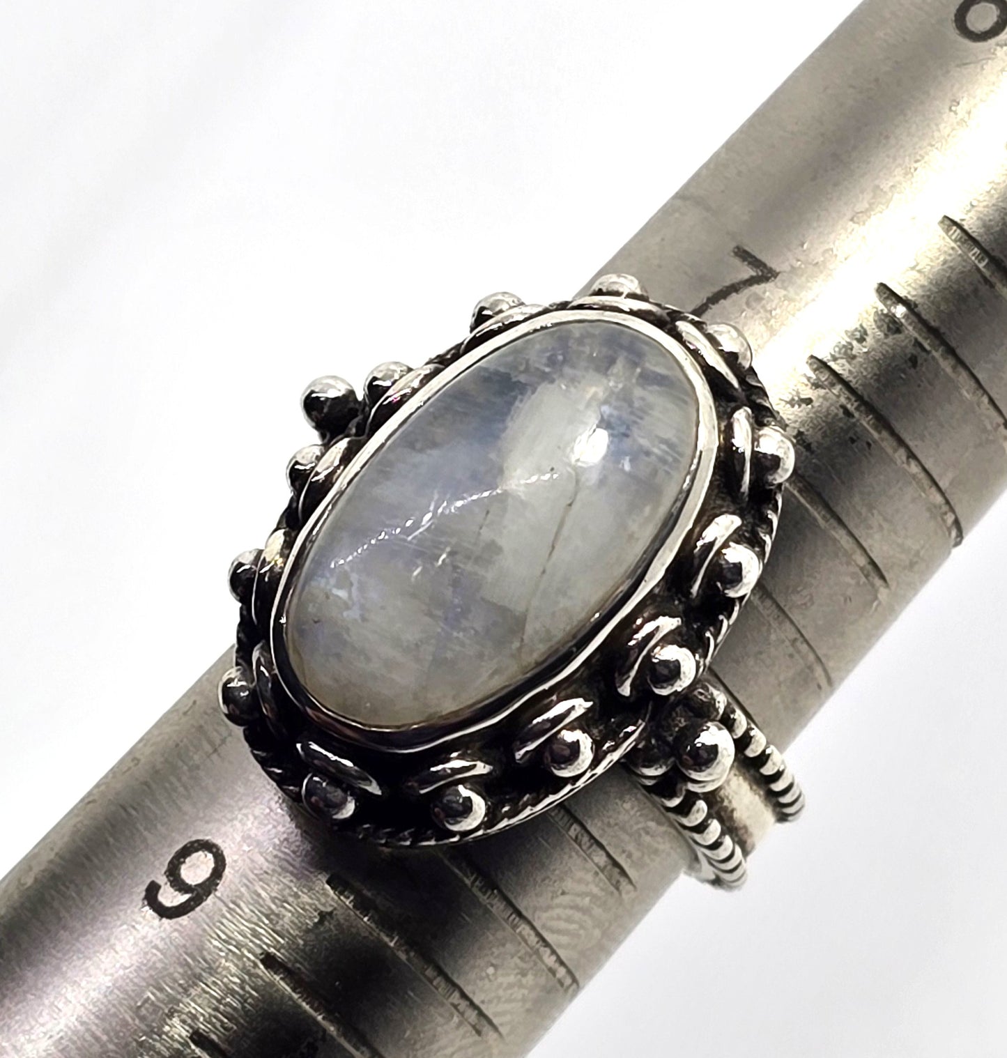 Flashy Blue Moonstone tribal Bali Balinese thick vintage sterling silver ring size 8