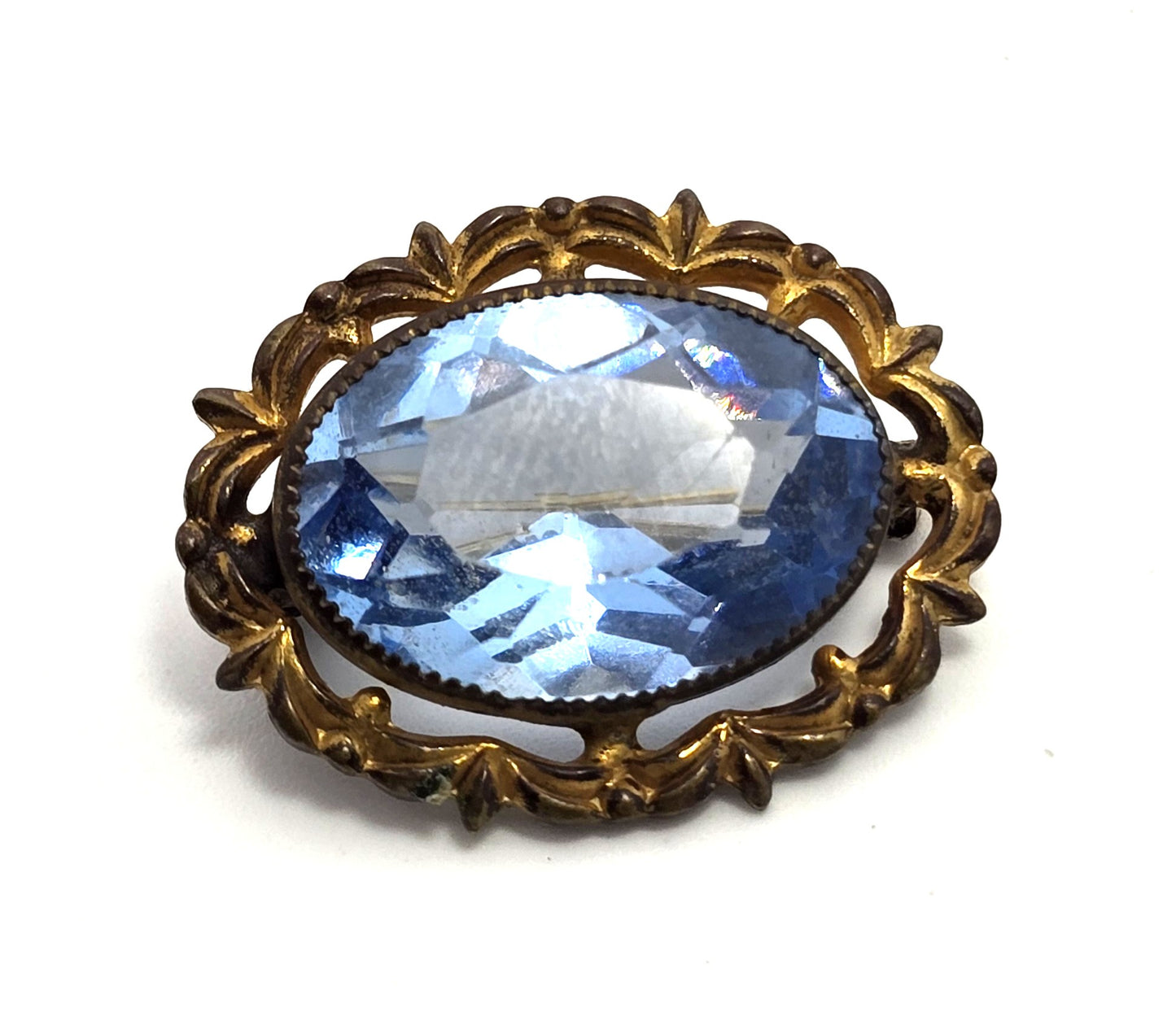Victorian blue Czech glass stamped brass antique brooch pin