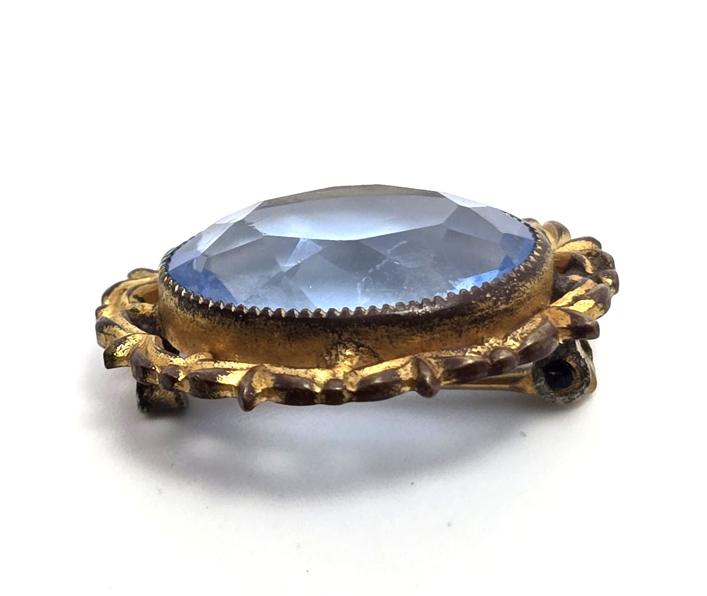 Victorian blue Czech glass stamped brass antique brooch pin