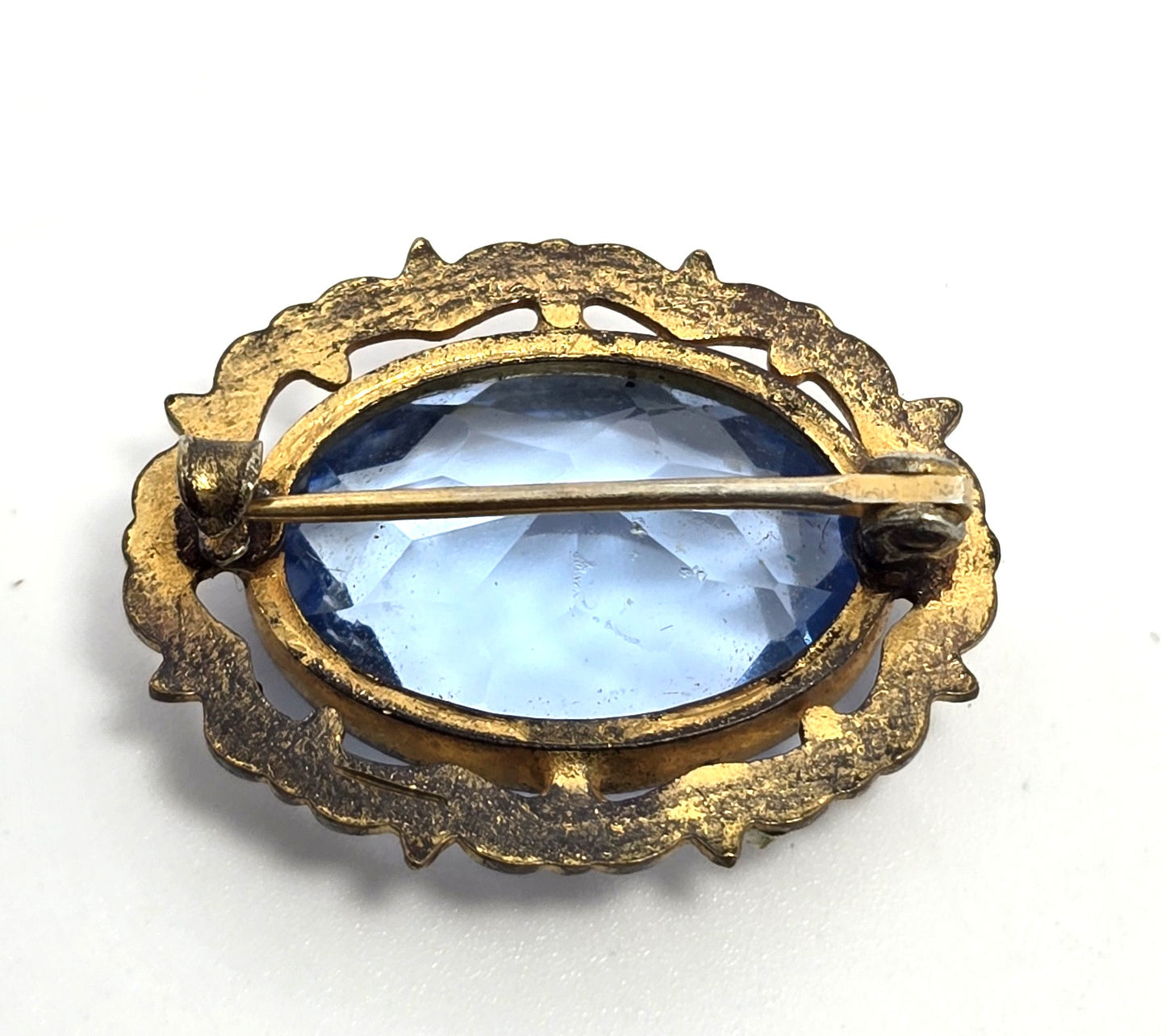 Victorian blue Czech glass stamped brass antique brooch pin