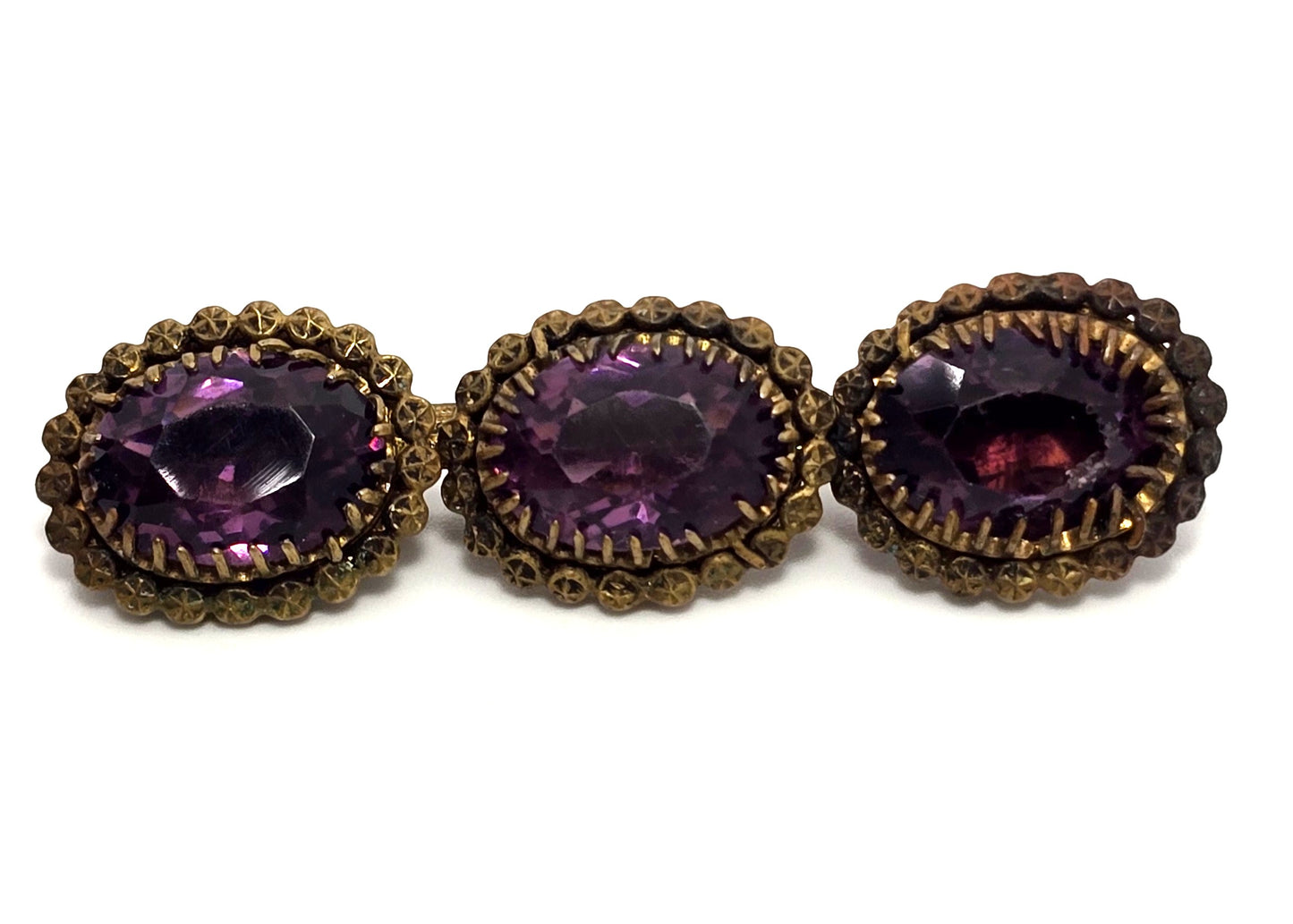 Antique Etruscan Czech Amethyst glass three stone antique Brooch bar pin 1800's