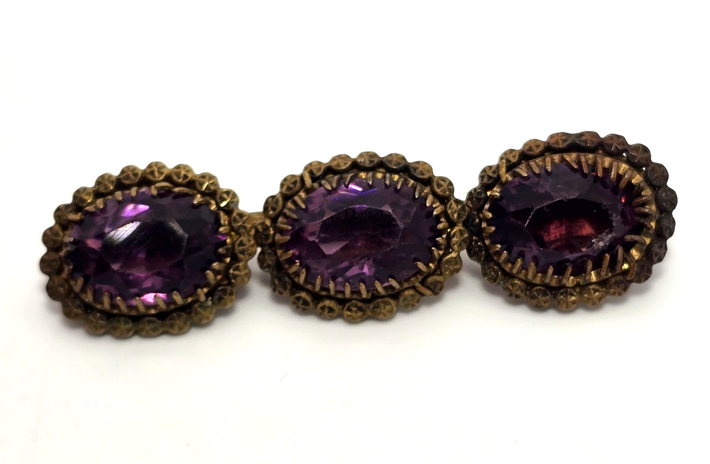 Antique Etruscan Czech Amethyst glass three stone antique Brooch bar pin 1800's