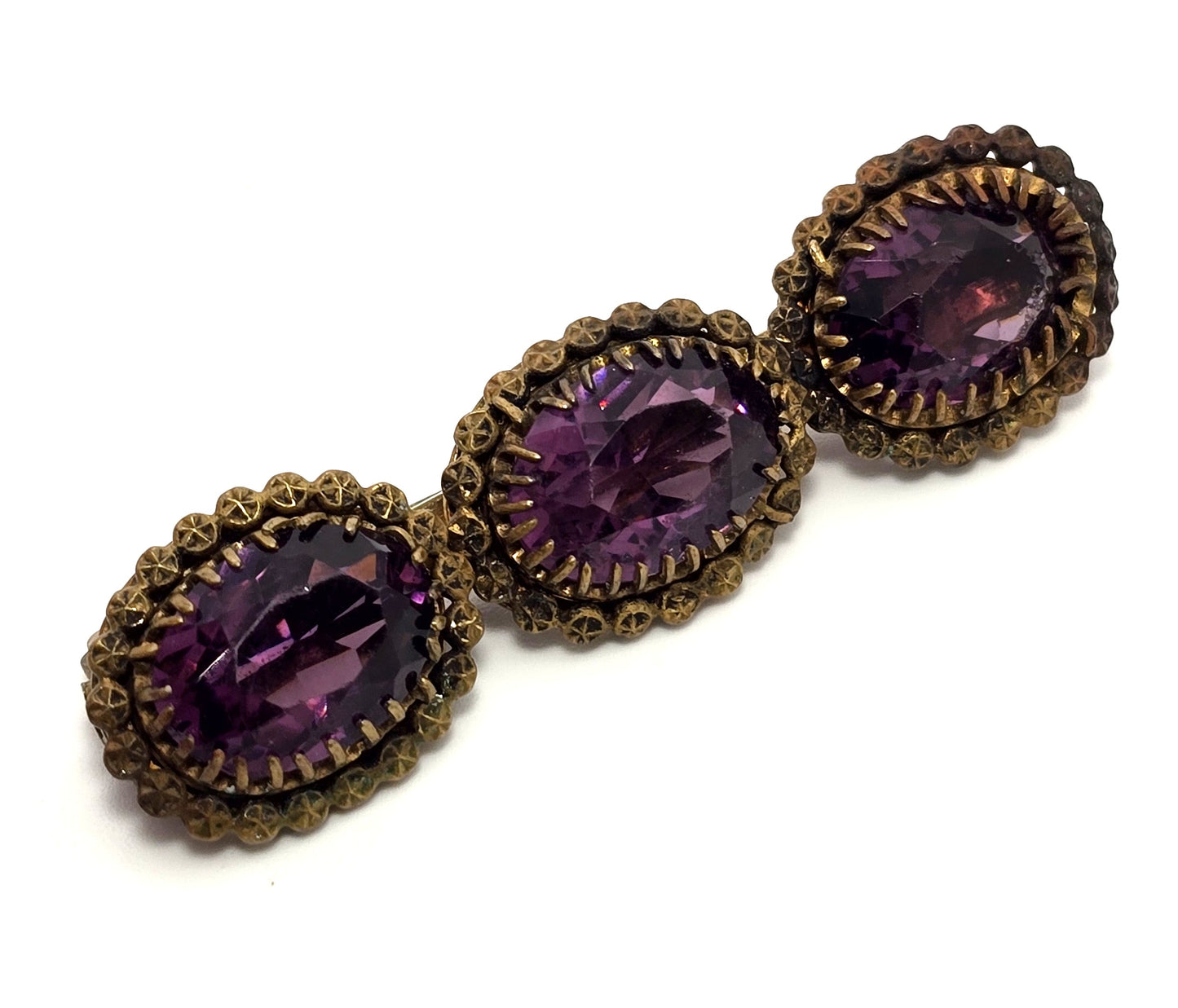 Antique Etruscan Czech Amethyst glass three stone antique Brooch bar pin 1800's