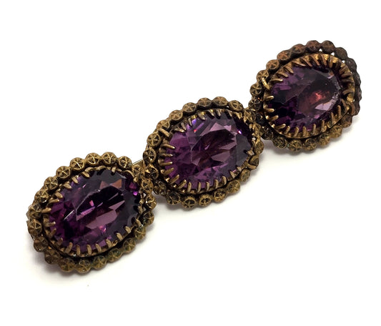 Antique Etruscan Czech Amethyst glass three stone antique Brooch bar pin 1800's