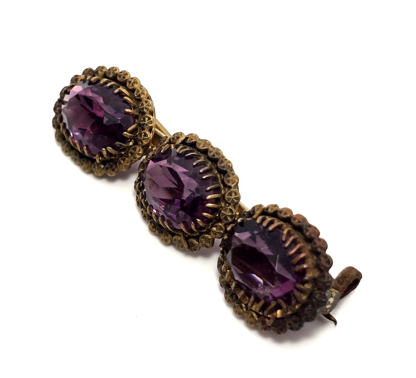 Antique Etruscan Czech Amethyst glass three stone antique Brooch bar pin 1800's
