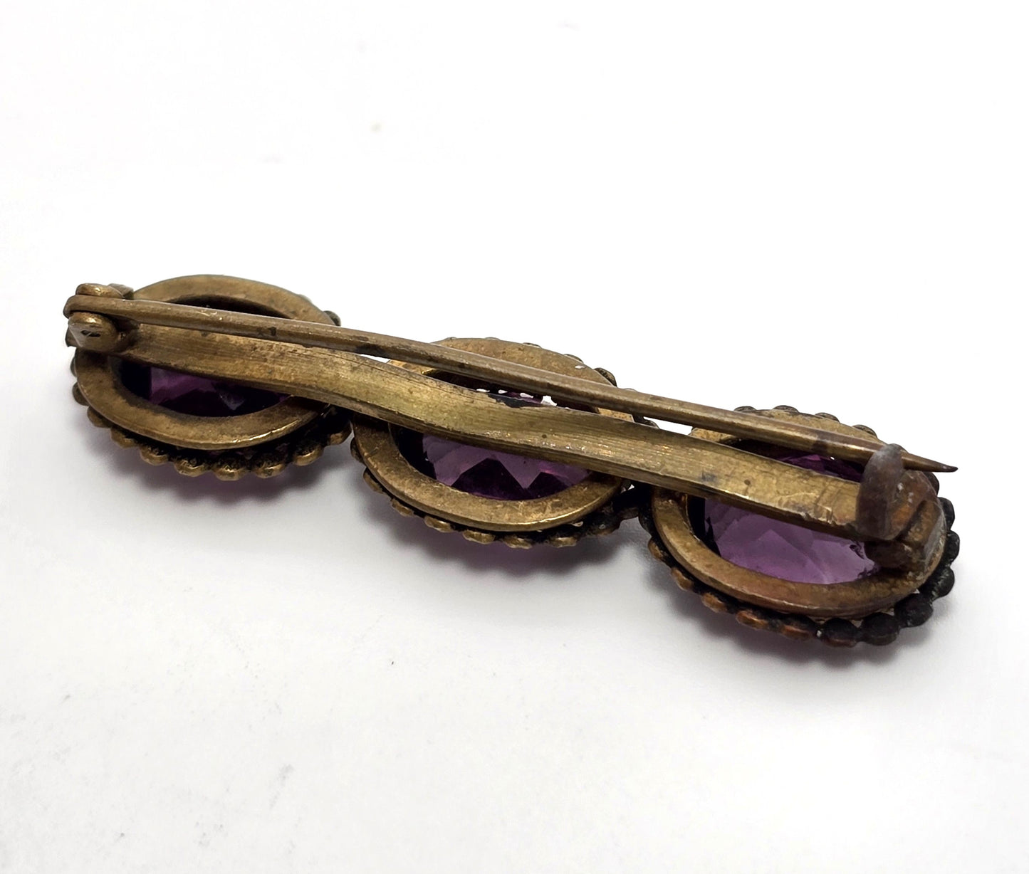 Antique Etruscan Czech Amethyst glass three stone antique Brooch bar pin 1800's