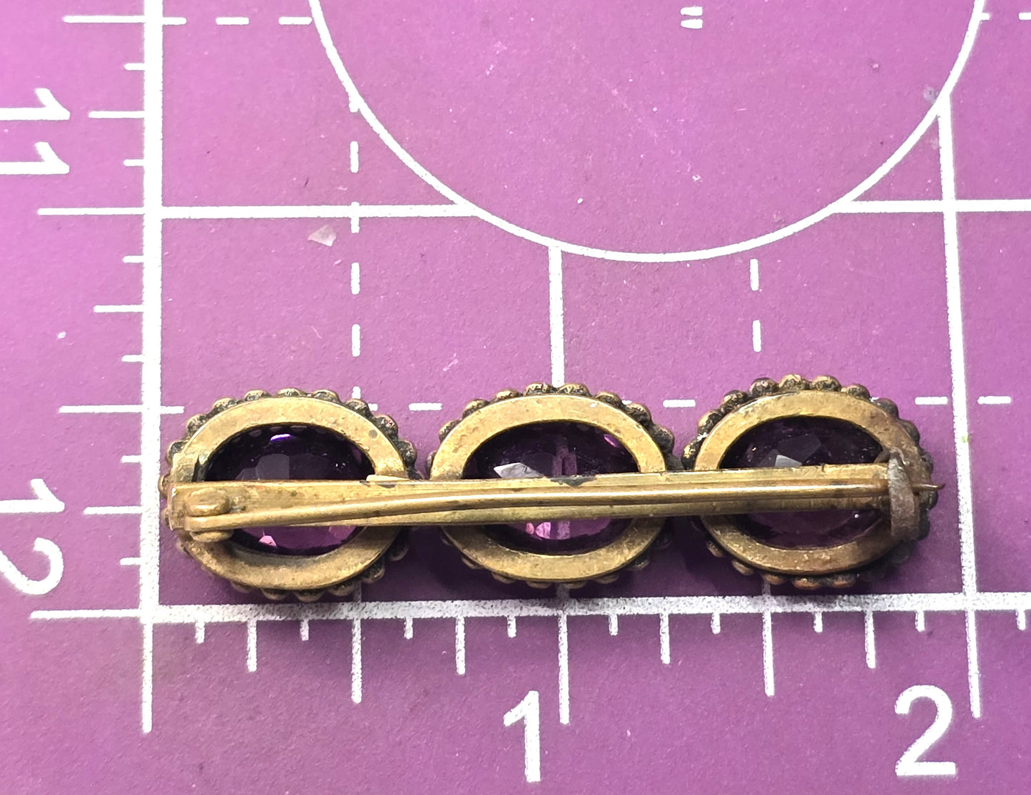 Antique Etruscan Czech Amethyst glass three stone antique Brooch bar pin 1800's