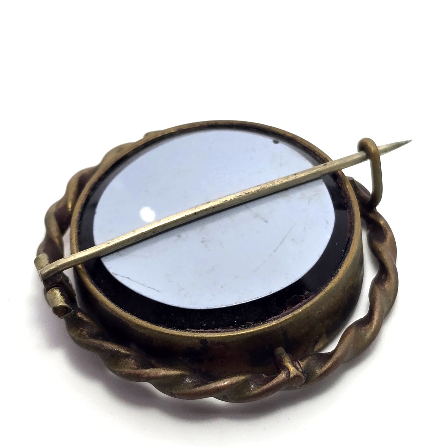 Memento Mori swivel black glass hair locket brass antique Mourning jewelry brooch