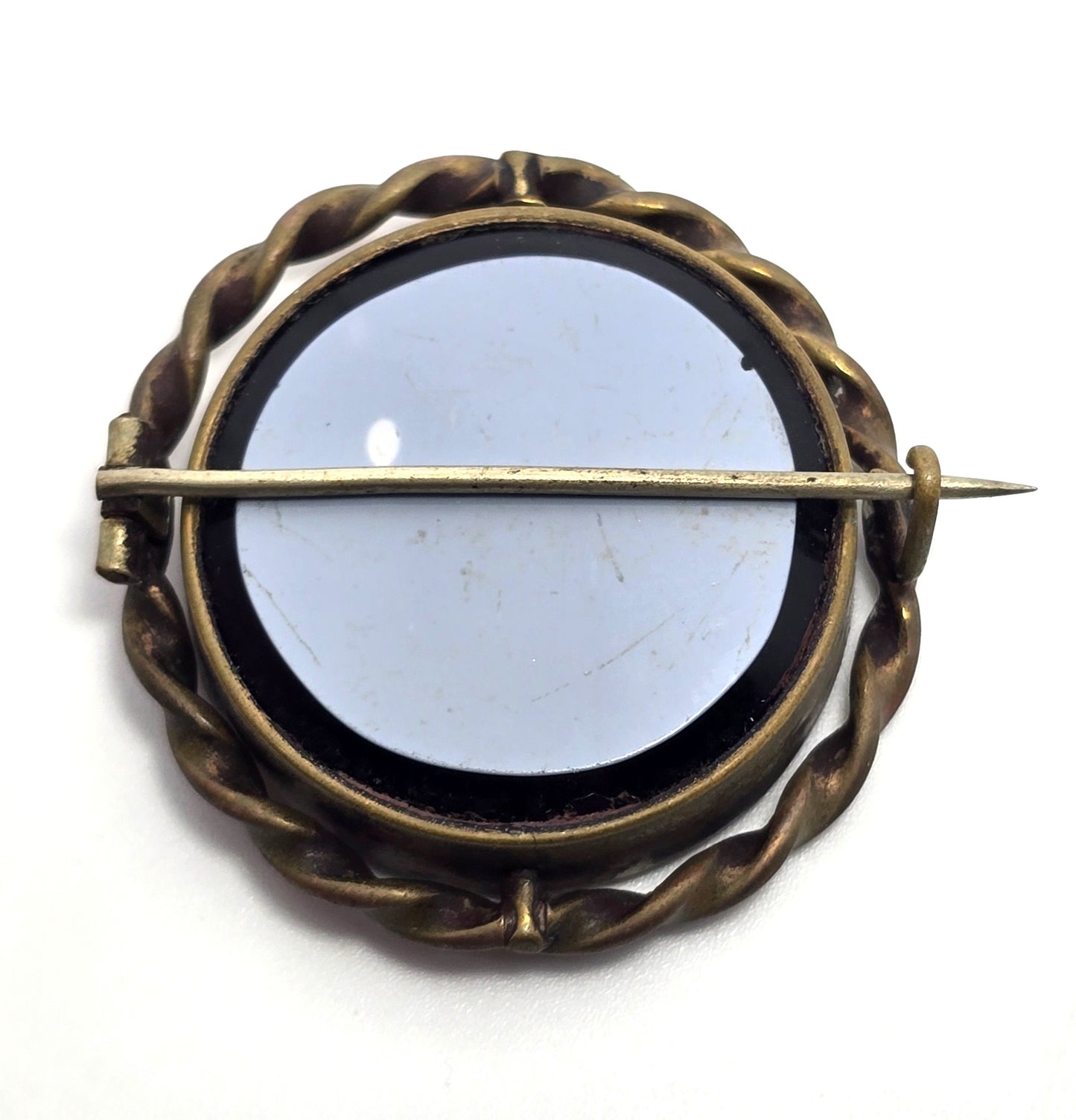 Memento Mori swivel black glass hair locket brass antique Mourning jewelry brooch