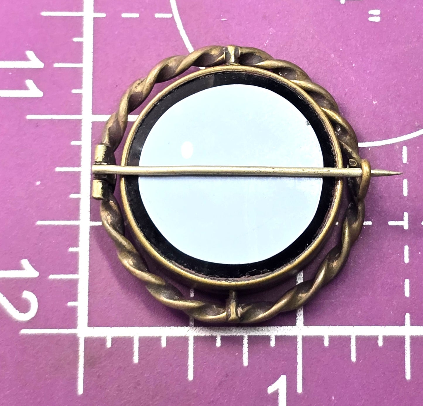 Memento Mori swivel black glass hair locket brass antique Mourning jewelry brooch