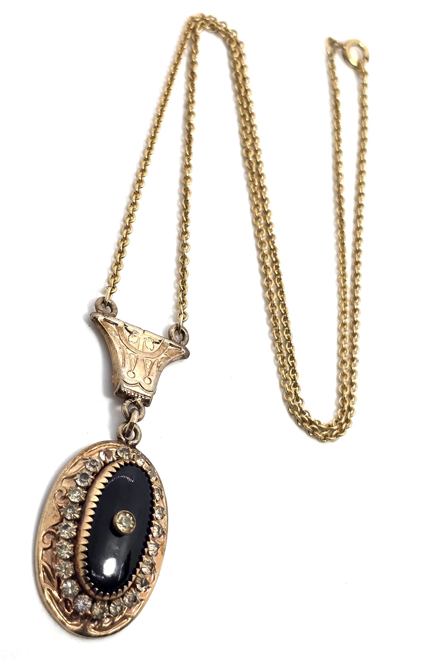 A & Z Co Victorian 12k Yellow Gold filled black rhinestone lavalier antique necklace