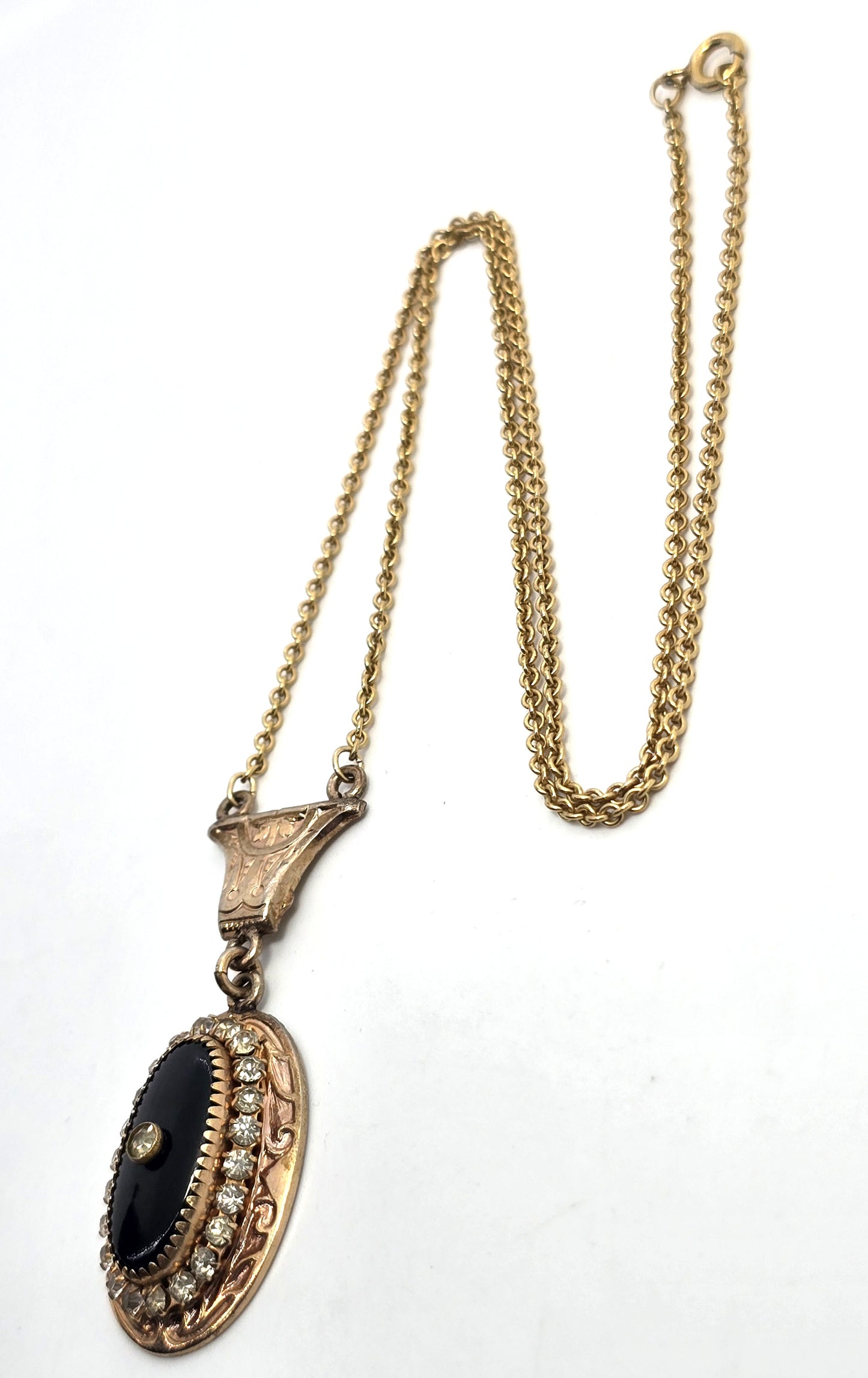 A & Z Co Victorian 12k Yellow Gold filled black rhinestone lavalier antique necklace