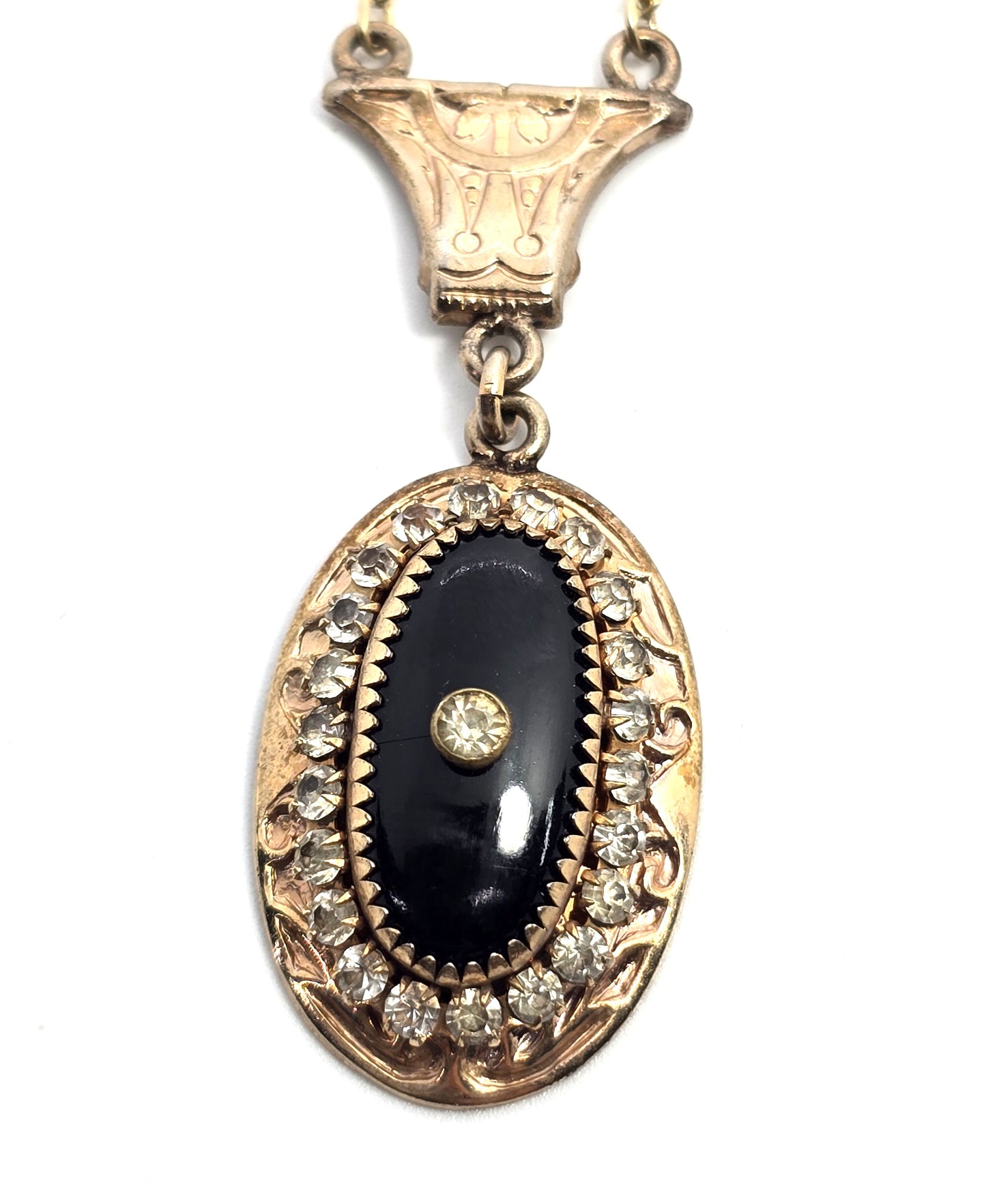 A & Z Co Victorian 12k Yellow Gold filled black rhinestone lavalier antique necklace
