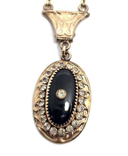 A & Z Co Victorian 12k Yellow Gold filled black rhinestone lavalier antique necklace