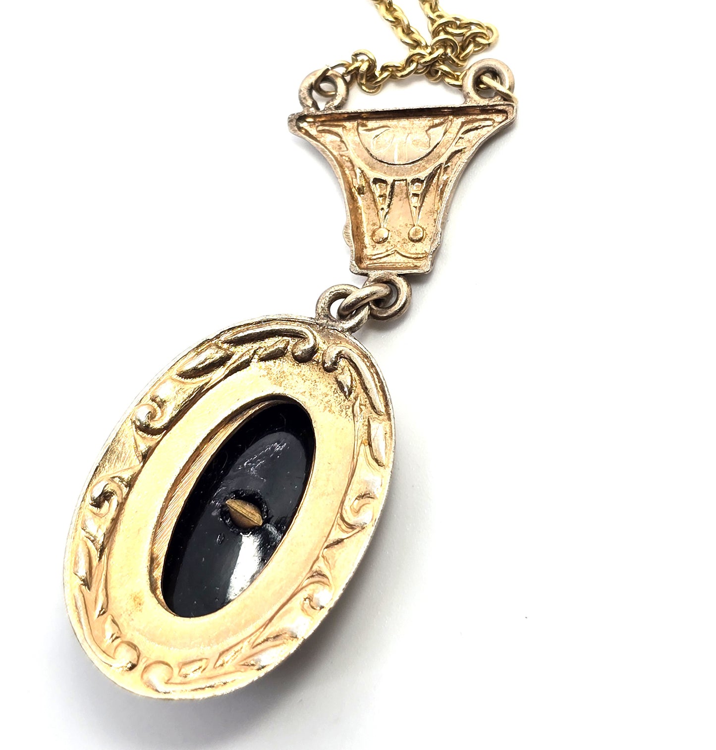 A & Z Co Victorian 12k Yellow Gold filled black rhinestone lavalier antique necklace