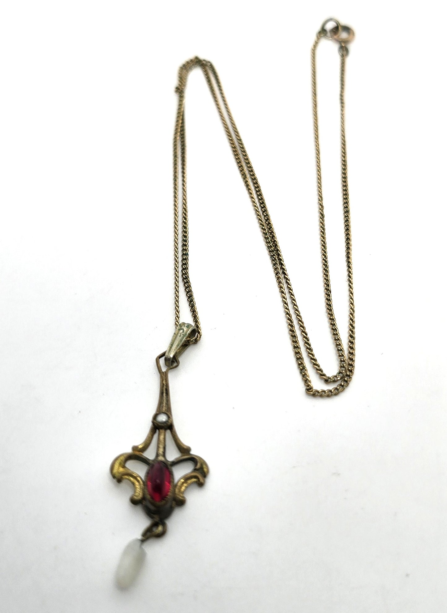 Victorian Seed pearl pink Czech glass 12k Yellow Gold filled lavalier antique necklace