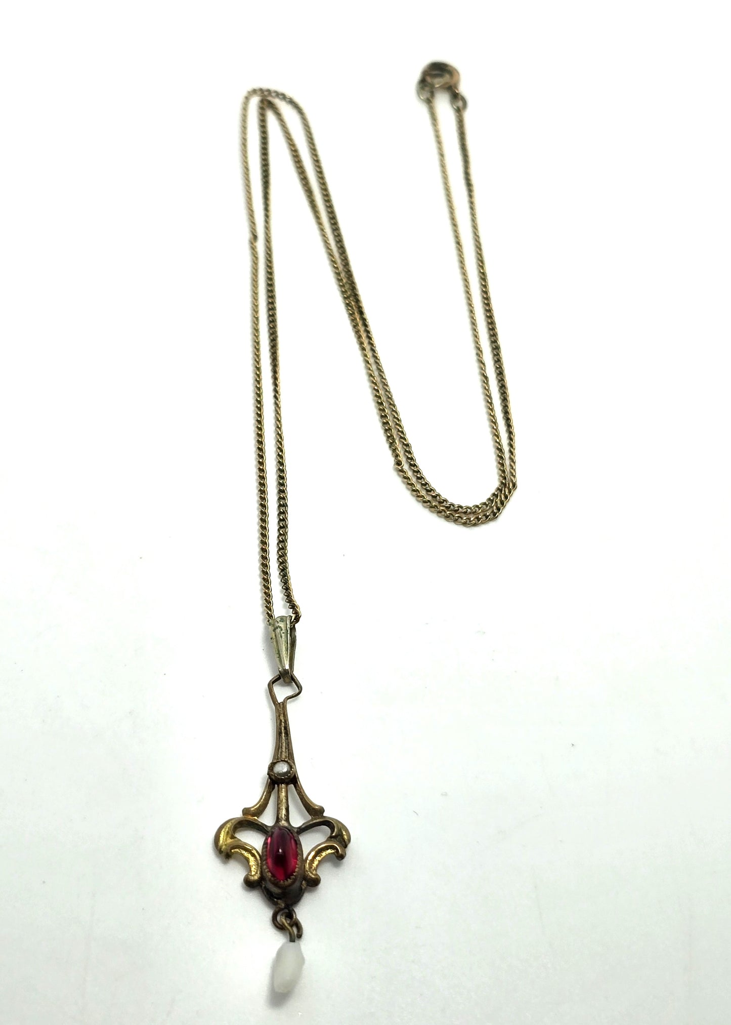 Victorian Seed pearl pink Czech glass 12k Yellow Gold filled lavalier antique necklace