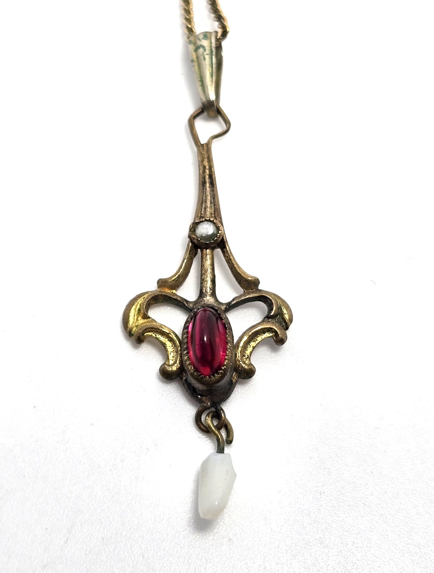 Victorian Seed pearl pink Czech glass 12k Yellow Gold filled lavalier antique necklace