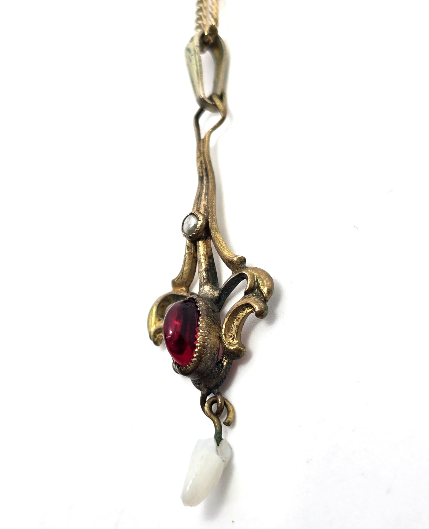 Victorian Seed pearl pink Czech glass 12k Yellow Gold filled lavalier antique necklace