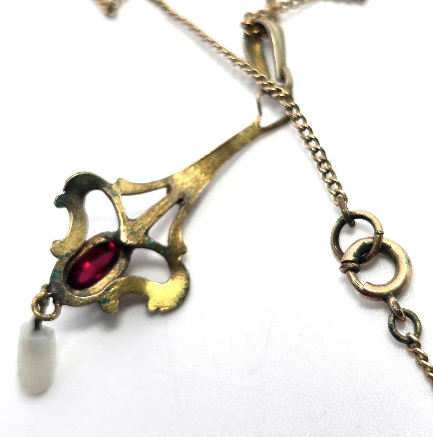 Victorian Seed pearl pink Czech glass 12k Yellow Gold filled lavalier antique necklace