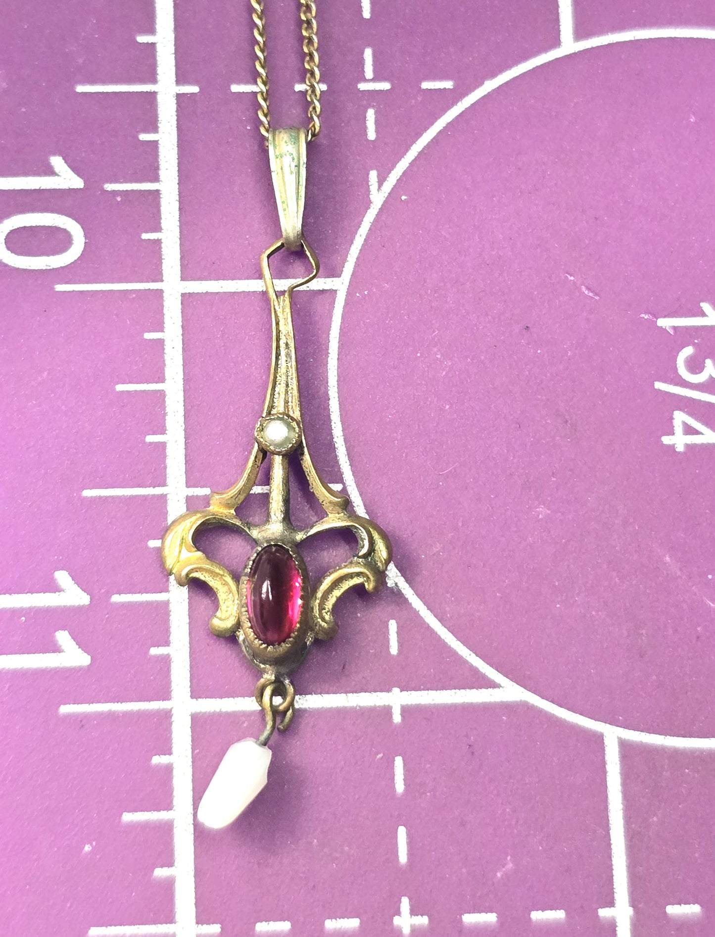 Victorian Seed pearl pink Czech glass 12k Yellow Gold filled lavalier antique necklace