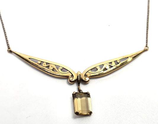 Art Deco Citrine gemstone 12k Yellow Gold filled lavalier antique necklace