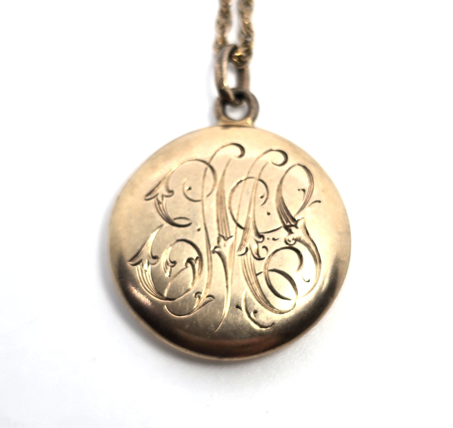 Antique 10k Yellow Gold Victorian EMS monogram etched locket necklace