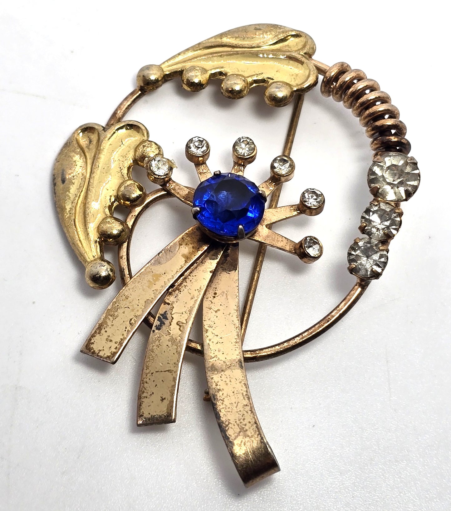 EnZell deep blue vintage mid century rhinestone gold over sterling silver brooch