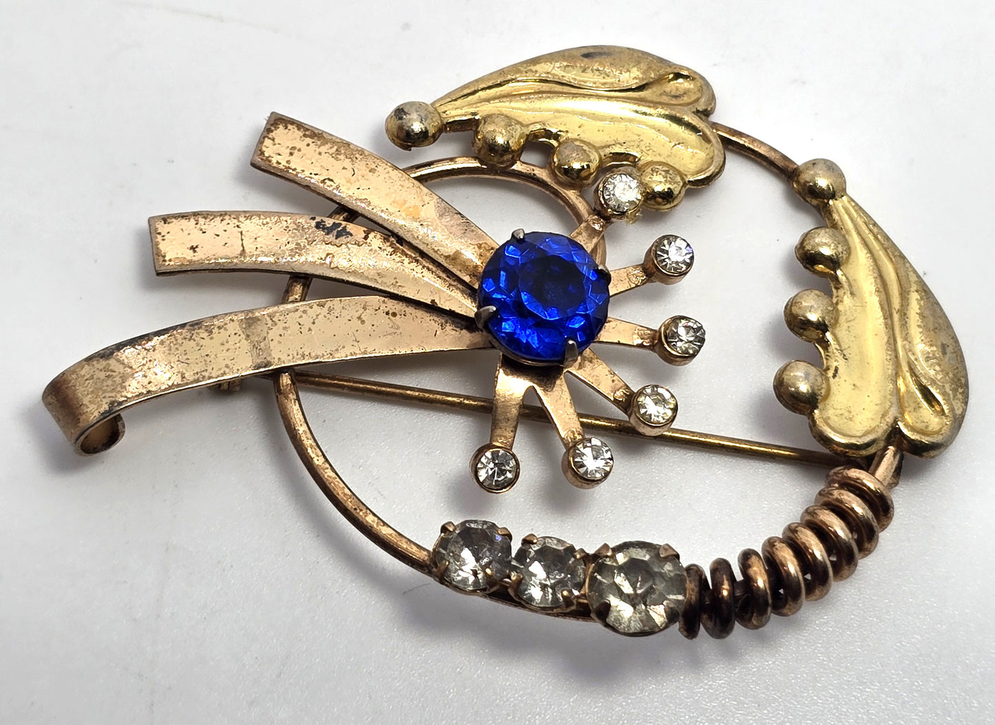 EnZell deep blue vintage mid century rhinestone gold over sterling silver brooch