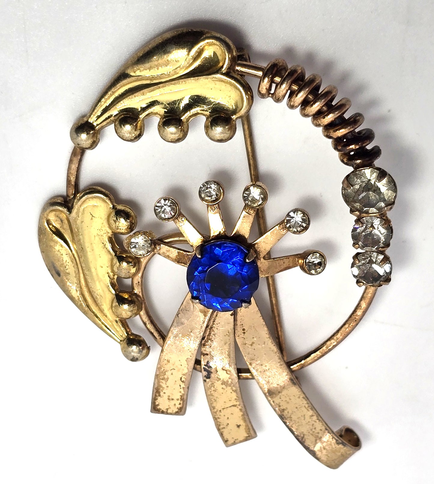 EnZell deep blue vintage mid century rhinestone gold over sterling silver brooch