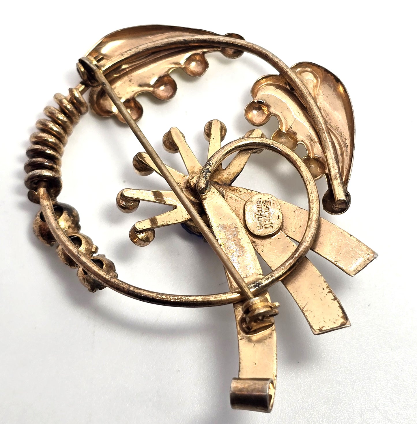 EnZell deep blue vintage mid century rhinestone gold over sterling silver brooch