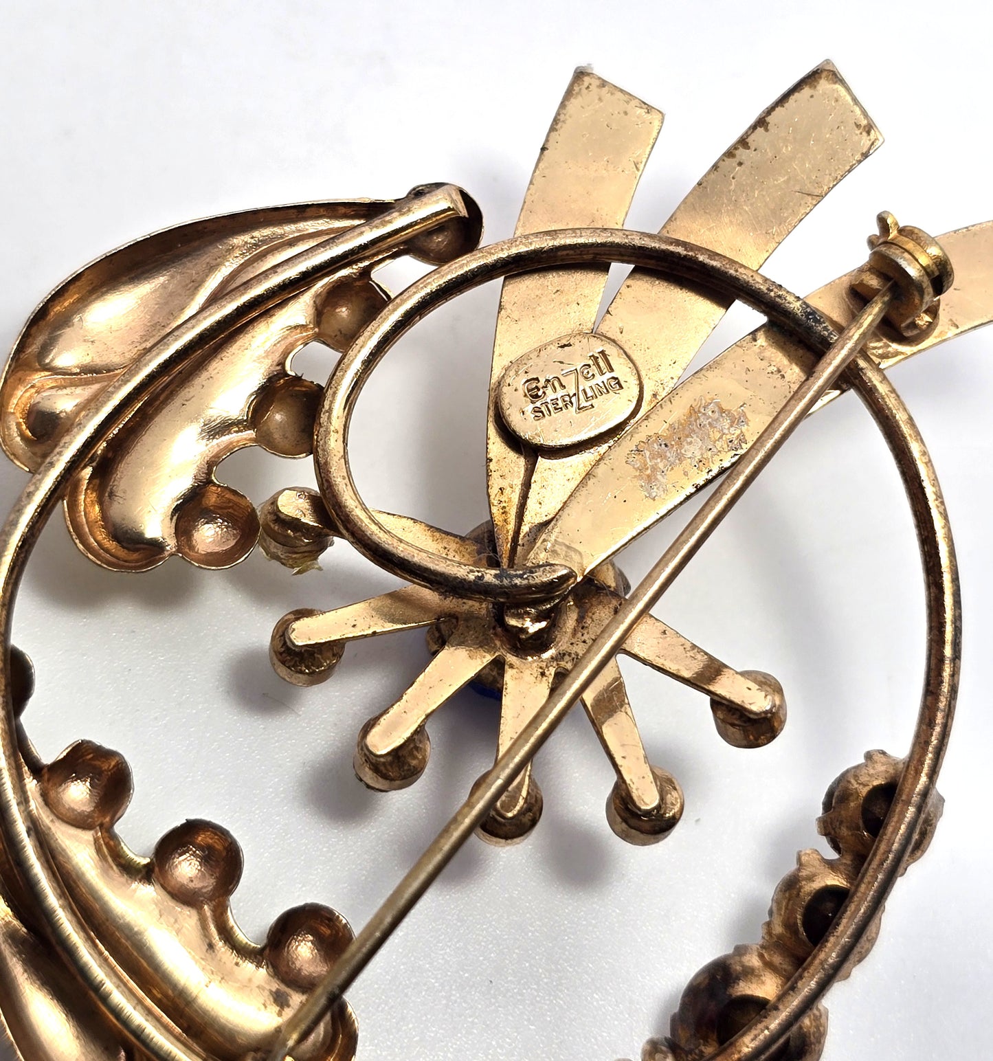 EnZell deep blue vintage mid century rhinestone gold over sterling silver brooch