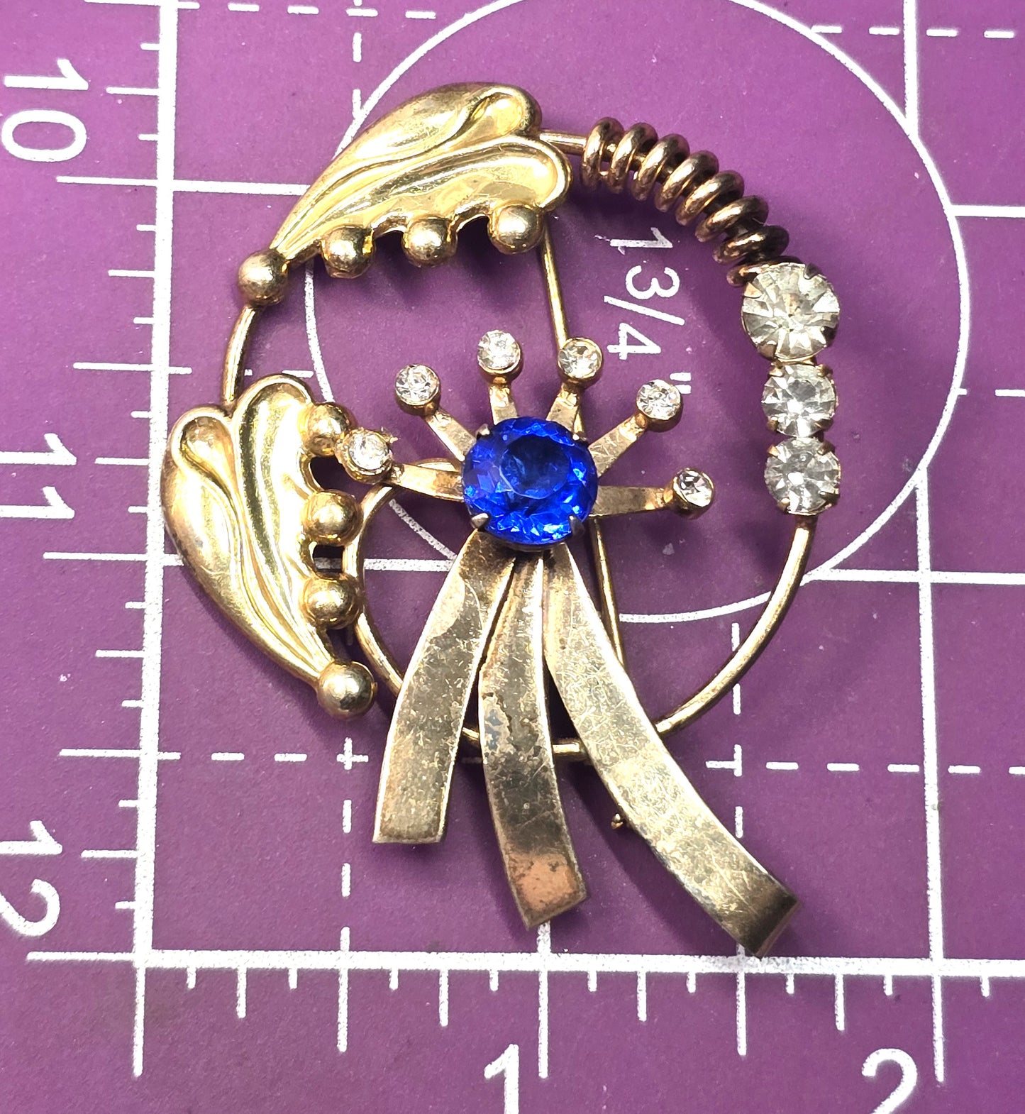 EnZell deep blue vintage mid century rhinestone gold over sterling silver brooch