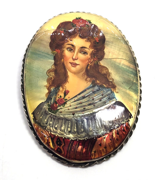 Russian hand painted women in red Mother of pearl MOP vintage brooch