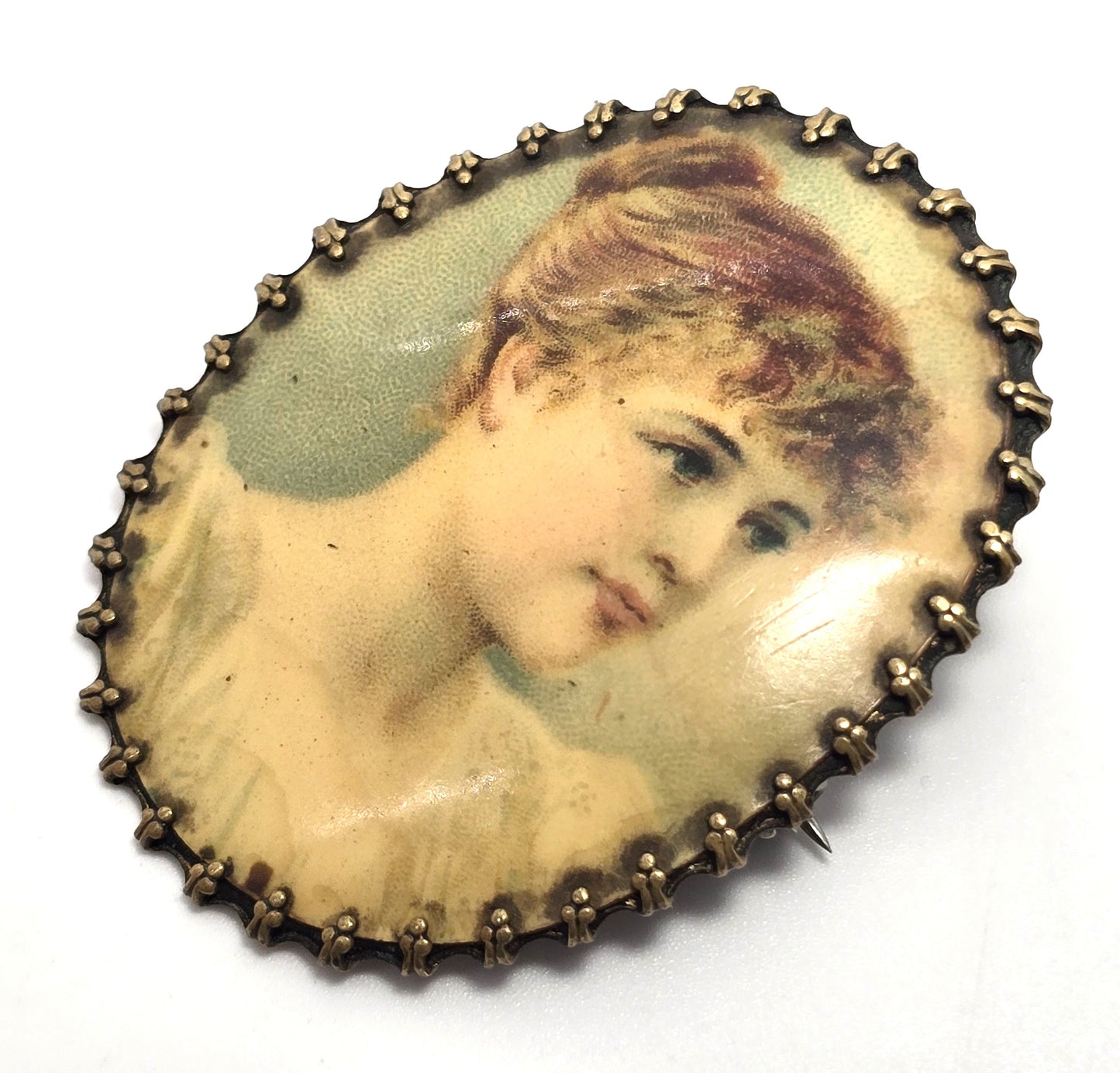 Cameo Victorian women transferware vintage brass cameo brooch