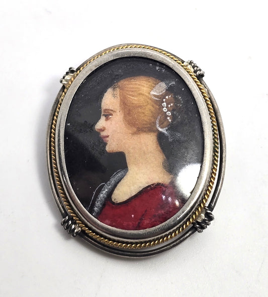 Cameo hand painted gold filled and sterling silver antique pendant brooch 800