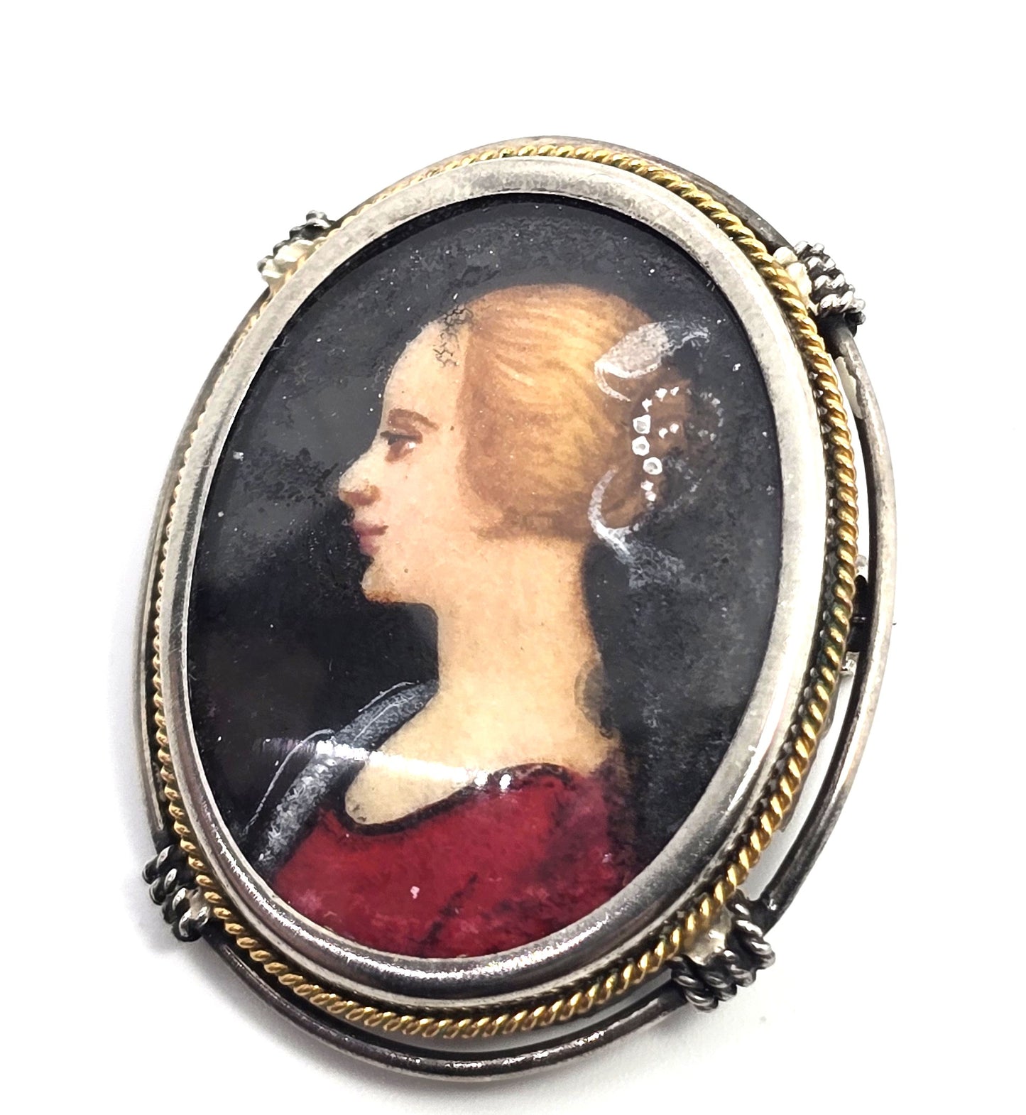 Cameo hand painted gold filled and sterling silver antique pendant brooch 800