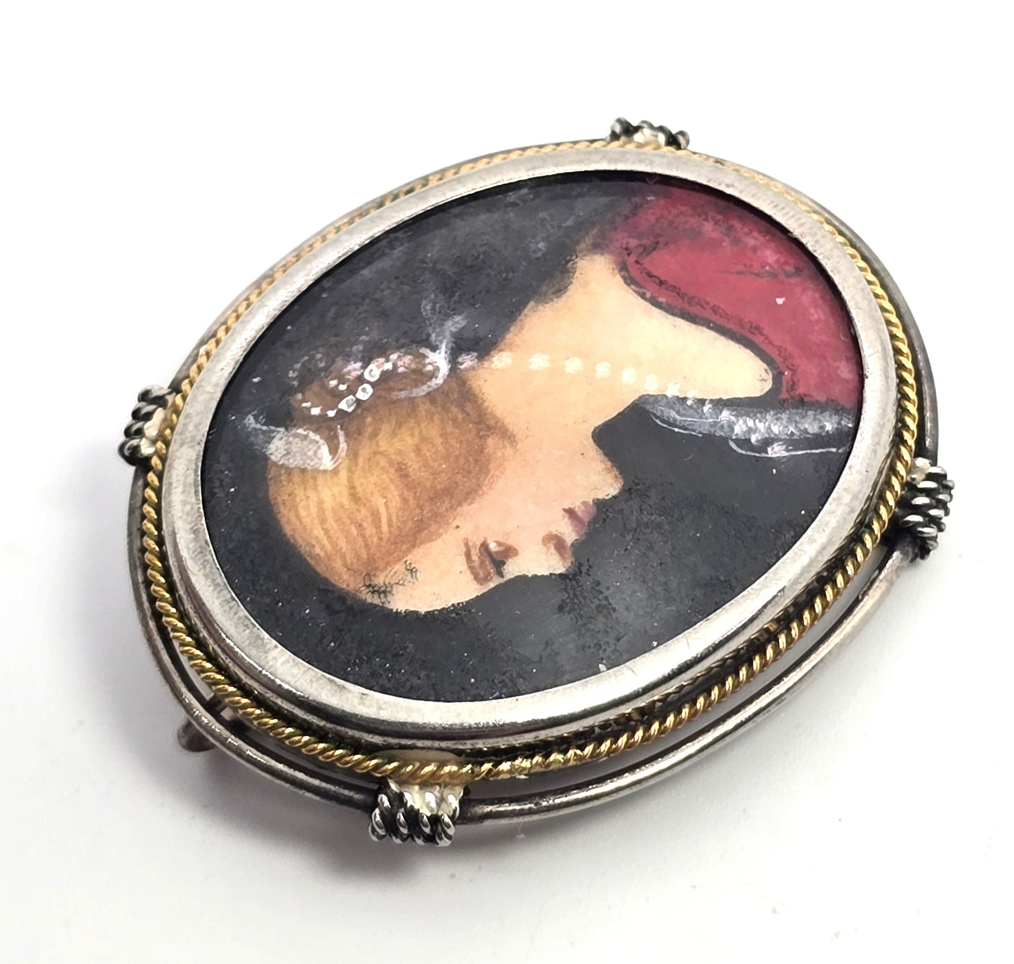 Cameo hand painted gold filled and sterling silver antique pendant brooch 800