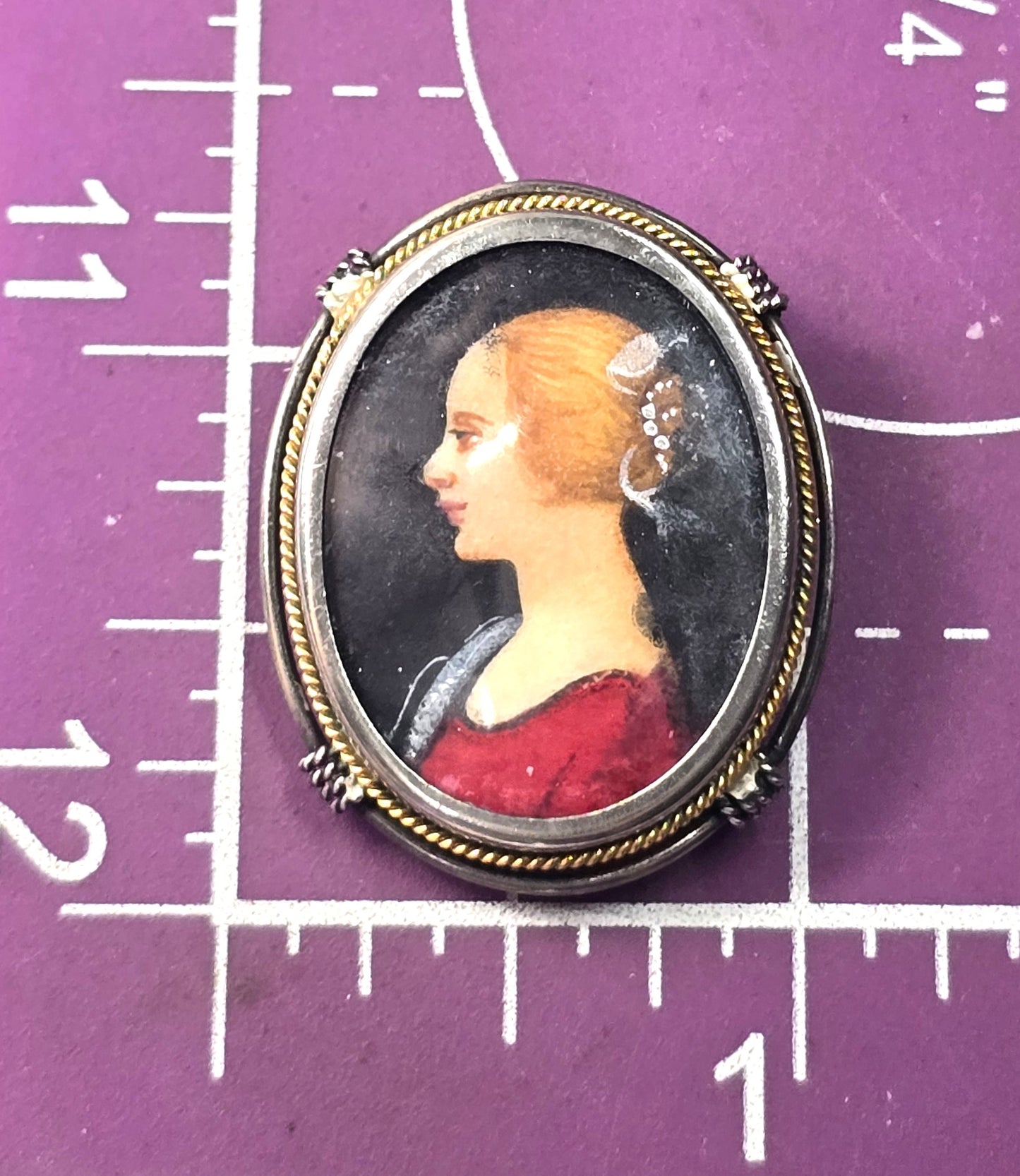 Cameo hand painted gold filled and sterling silver antique pendant brooch 800