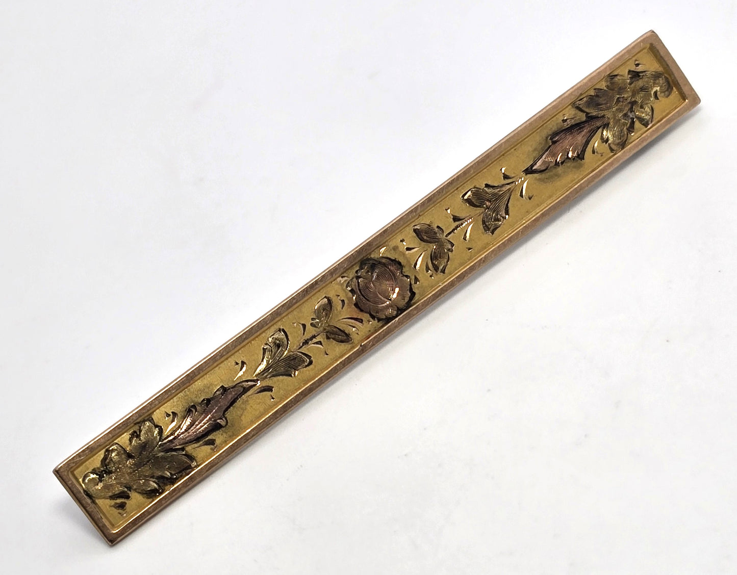 H.T. Co Victorian antique yellow gold filled etched rose bar pin brooch