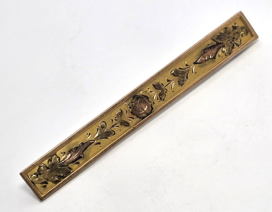 H.T. Co Victorian antique yellow gold filled etched rose bar pin brooch