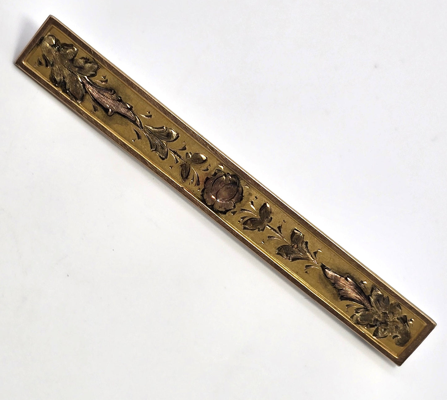 H.T. Co Victorian antique yellow gold filled etched rose bar pin brooch