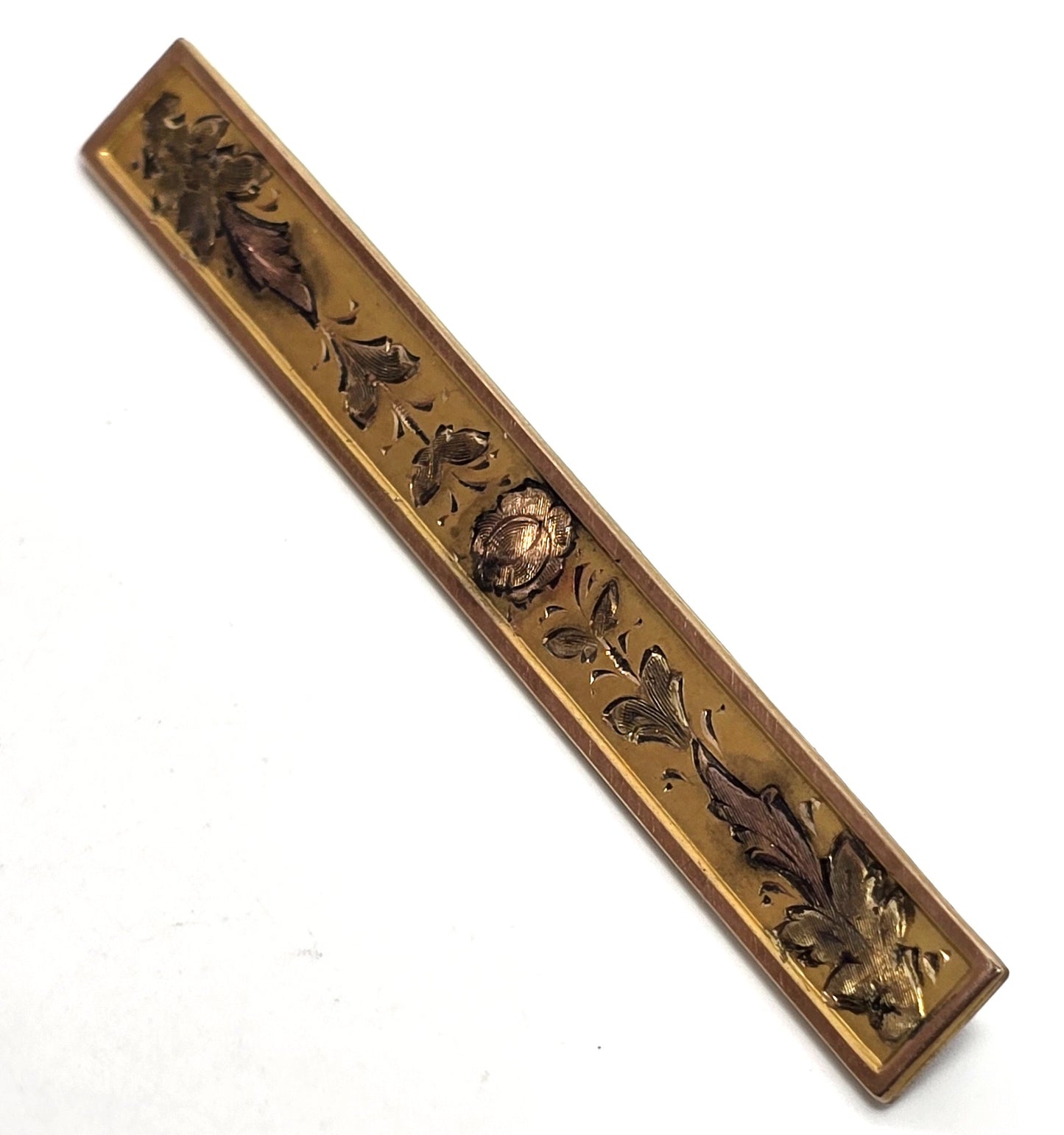 H.T. Co Victorian antique yellow gold filled etched rose bar pin brooch