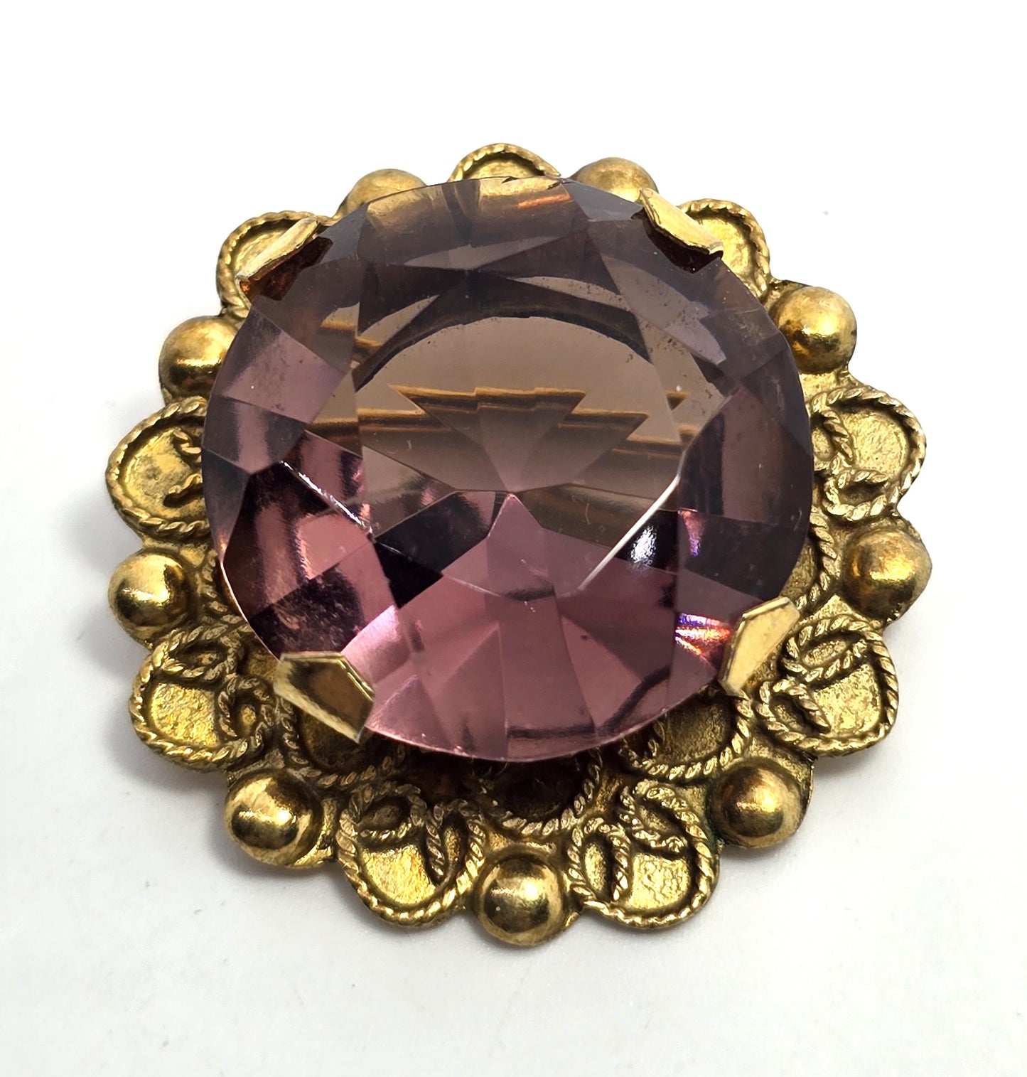 Art Deco Large Purple amethyst glass paste brass framed antique brooch