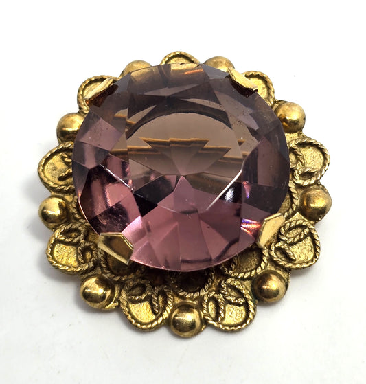Art Deco Large Purple amethyst glass paste brass framed antique brooch