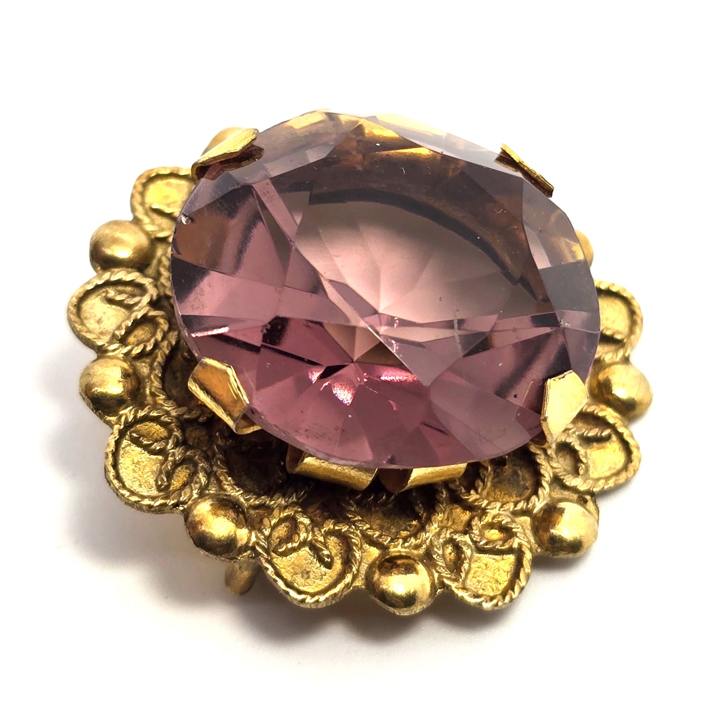 Art Deco Large Purple amethyst glass paste brass framed antique brooch