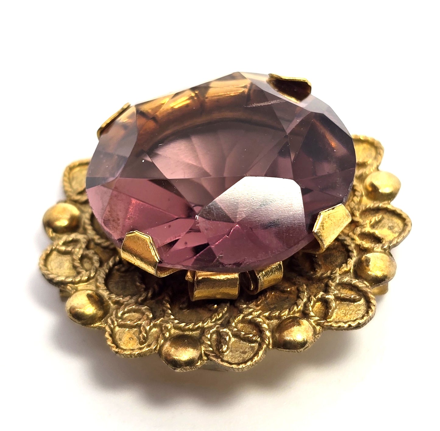 Art Deco Large Purple amethyst glass paste brass framed antique brooch